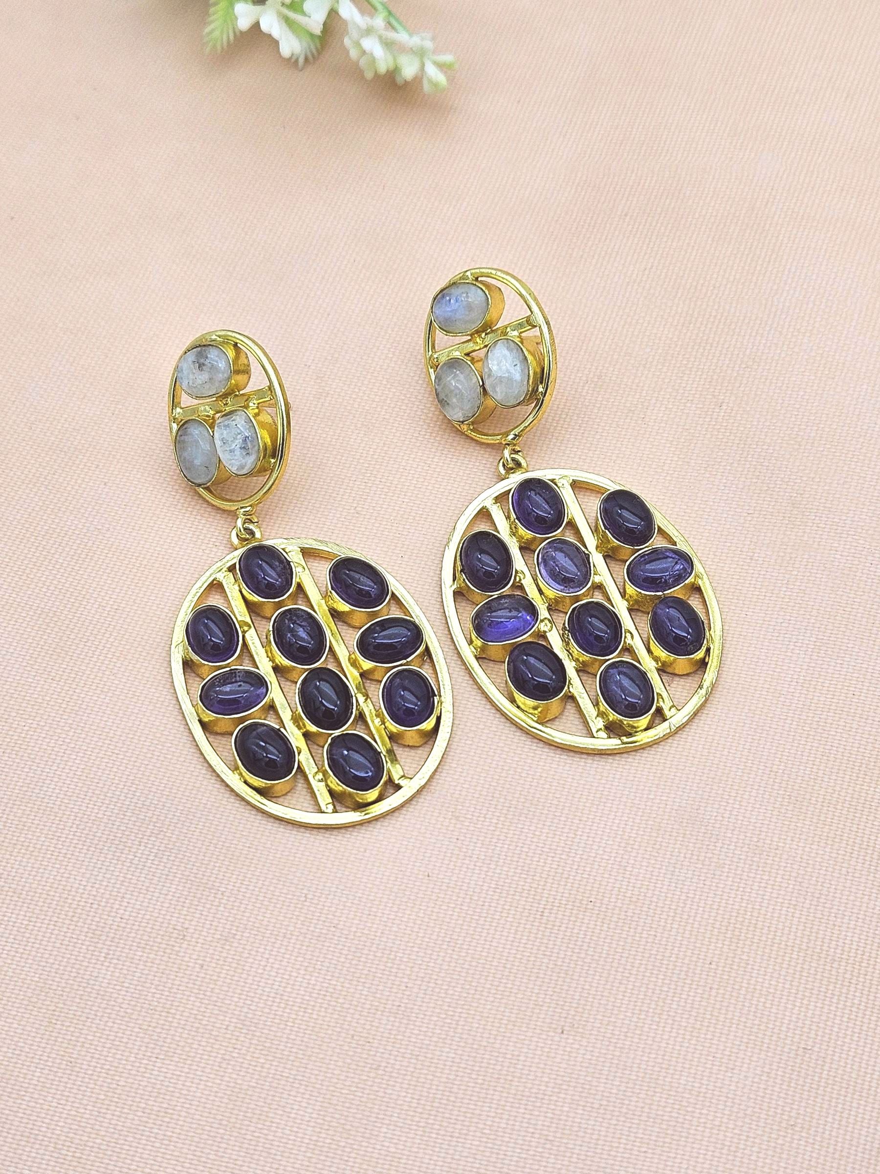 Stunning Gold Plated Amethyst-White Rainbow Multi Stones Oval Shape Charming Design Dangle Drop Earrings