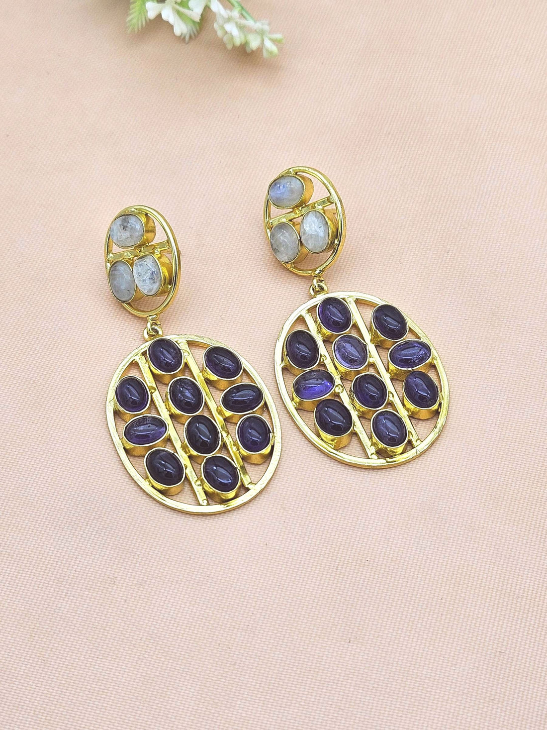 Stunning Gold Plated Amethyst-White Rainbow Multi Stones Oval Shape Charming Design Dangle Drop Earrings
