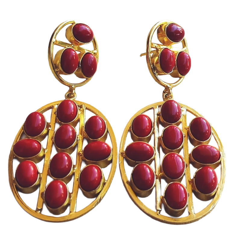 Stunning Gold Plated Coral Multi Stones Oval Shape Charming Design Dangle Drop Earrings