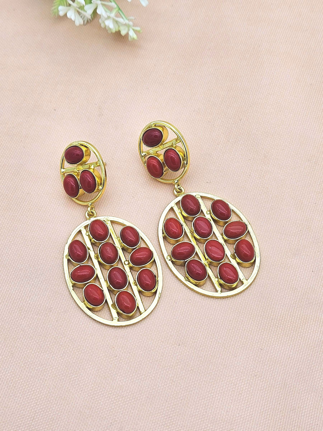 Stunning Gold Plated Coral Multi Stones Oval Shape Charming Design Dangle Drop Earrings