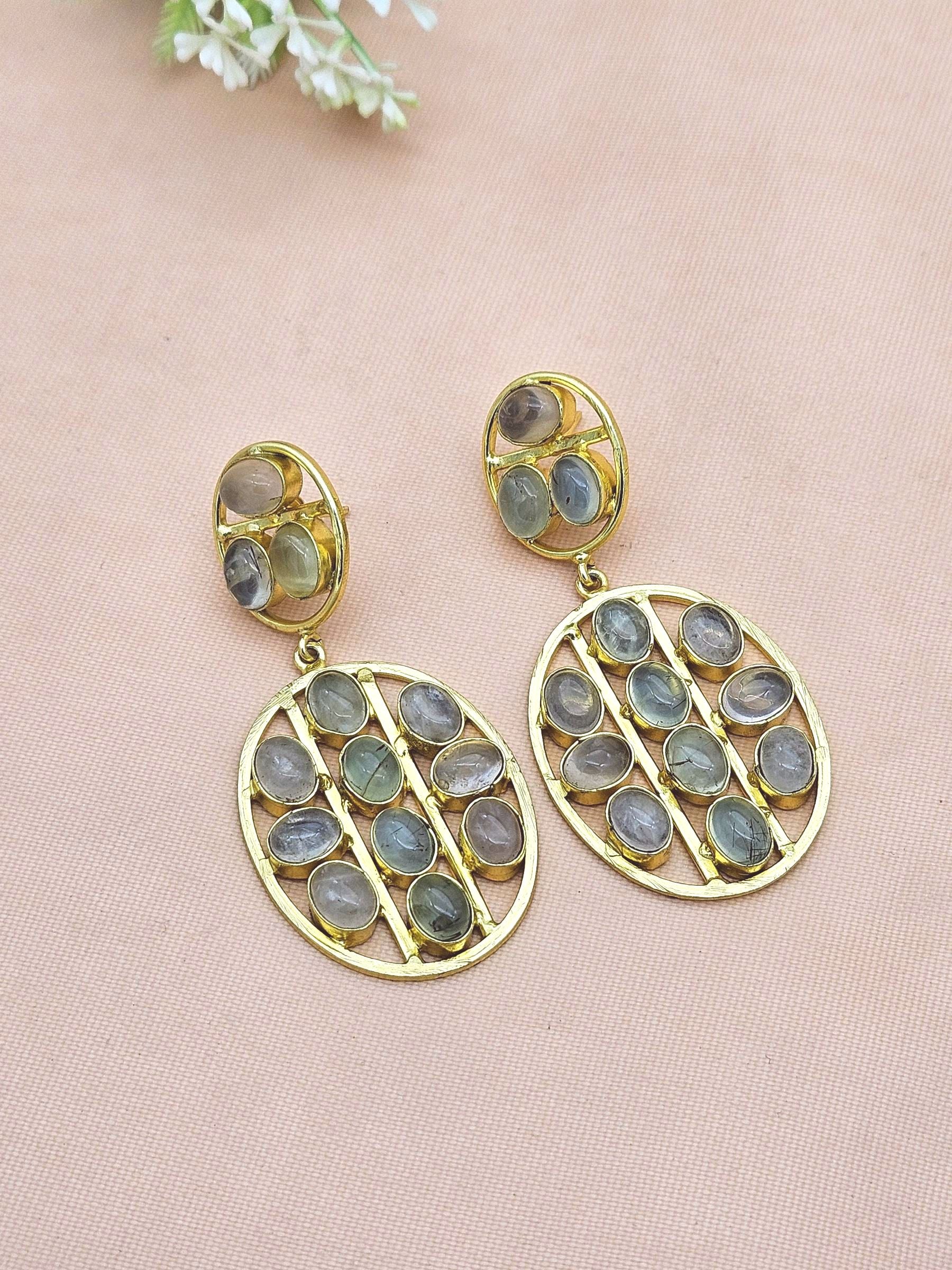 Stunning Gold Plated Rose Quartz-Prehnite Multi Stones Oval Shape Charming Design Dangle Drop Earrings