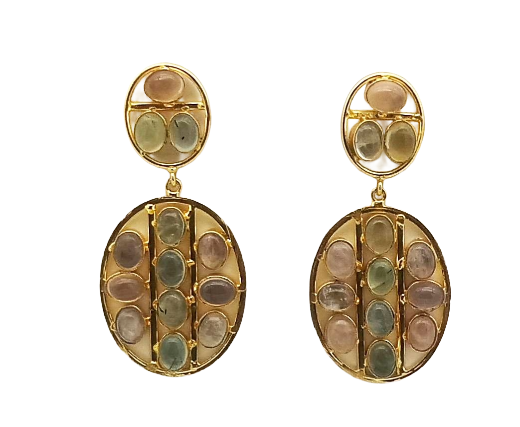 Stunning Gold Plated Rose Quartz-Prehnite Multi Stones Oval Shape Charming Design Dangle Drop Earrings