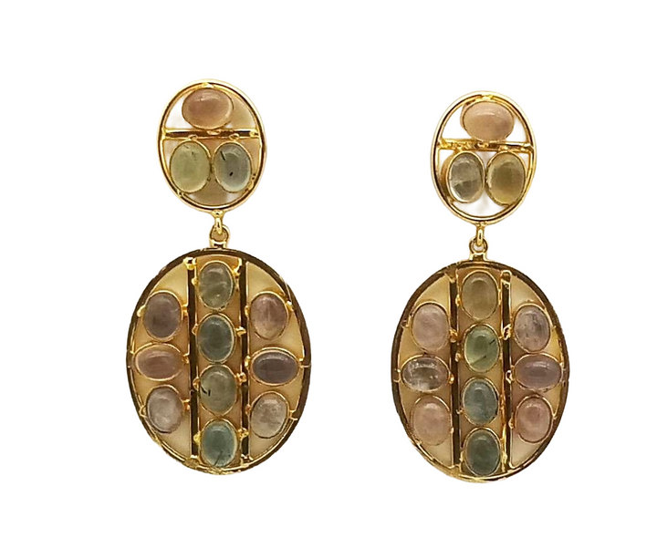 Stunning Gold Plated Rose Quartz-Prehnite Multi Stones Oval Shape Charming Design Dangle Drop Earrings