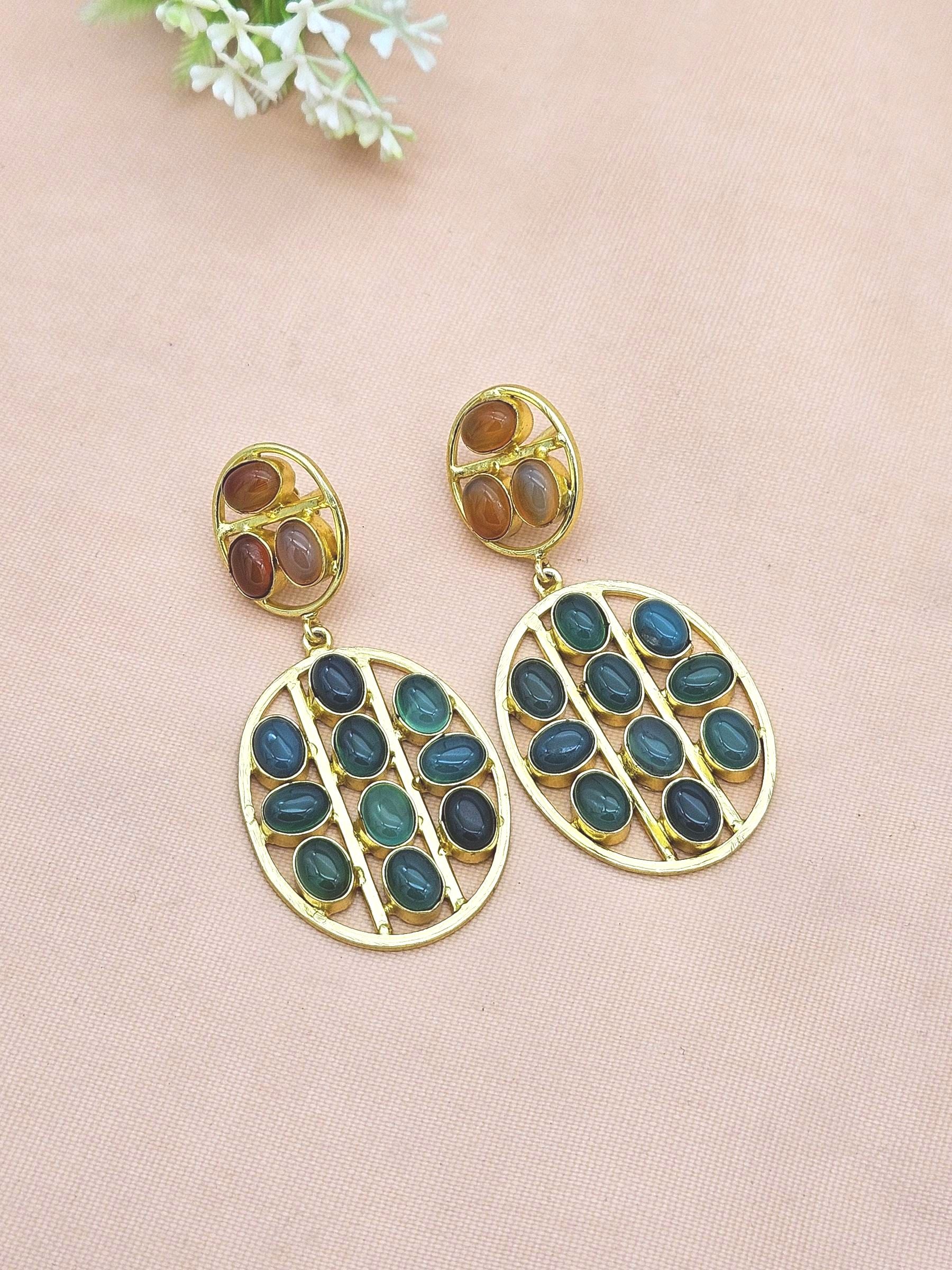 Stunning Gold Plated Green & Red Onyx Multi Stones Oval Shape Charming Design Dangle Drop Earrings