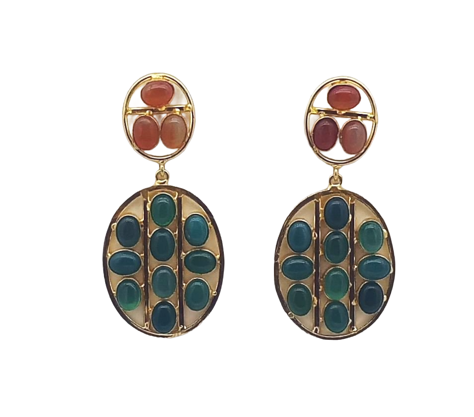Stunning Gold Plated Green & Red Onyx Multi Stones Oval Shape Charming Design Dangle Drop Earrings