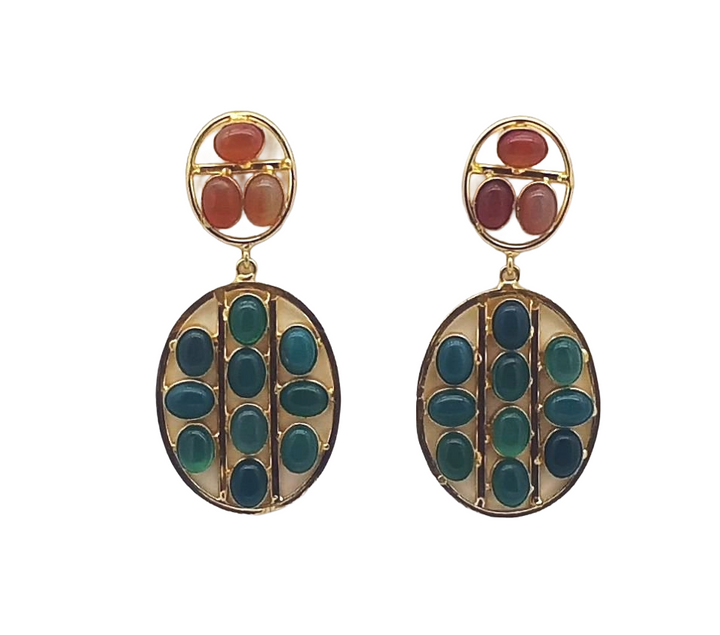 Stunning Gold Plated Green & Red Onyx Multi Stones Oval Shape Charming Design Dangle Drop Earrings
