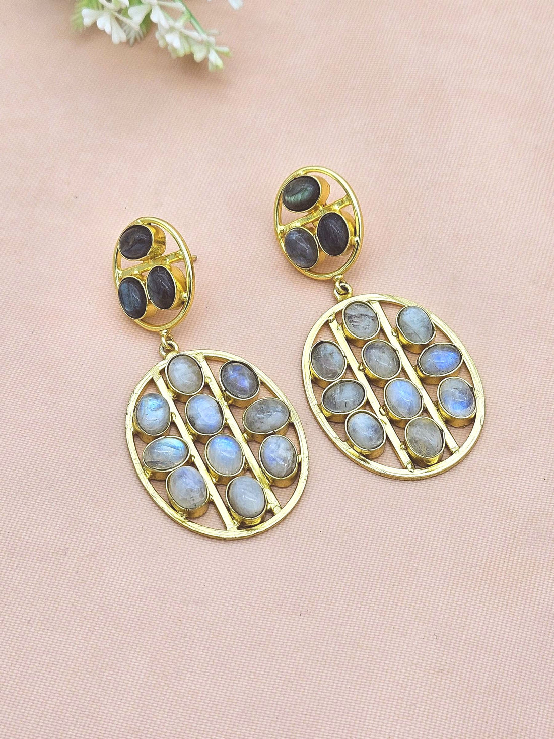 Stunning Gold Plated White Rainbow & Labradorite Multi Stones Oval Shape Charming Design Dangle Drop Earrings