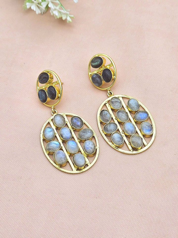 Stunning Gold Plated White Rainbow & Labradorite Multi Stones Oval Shape Charming Design Dangle Drop Earrings