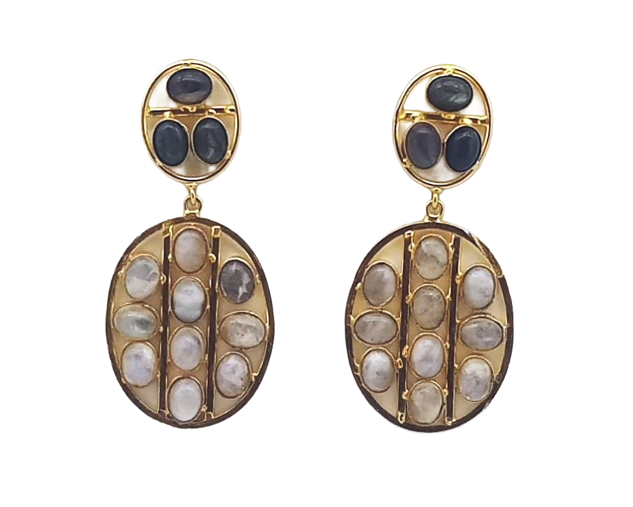 Stunning Gold Plated White Rainbow & Labradorite Multi Stones Oval Shape Charming Design Dangle Drop Earrings