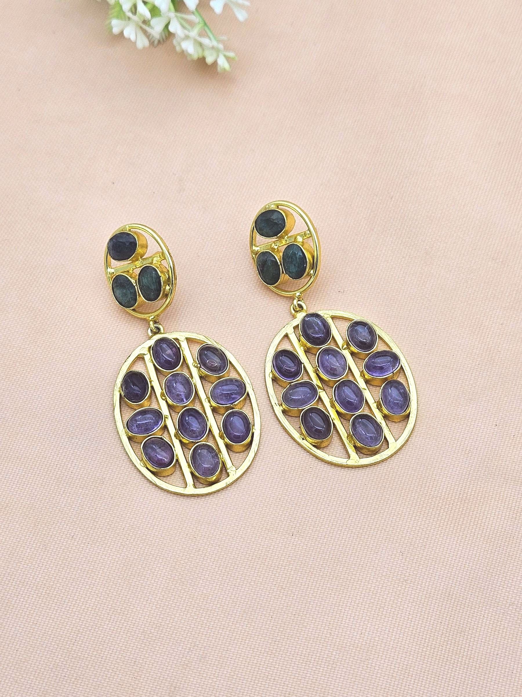Stunning Gold Plated Amethyst-Green Hathipara Multi Stones Oval Shape Charming Design Dangle Drop Earrings