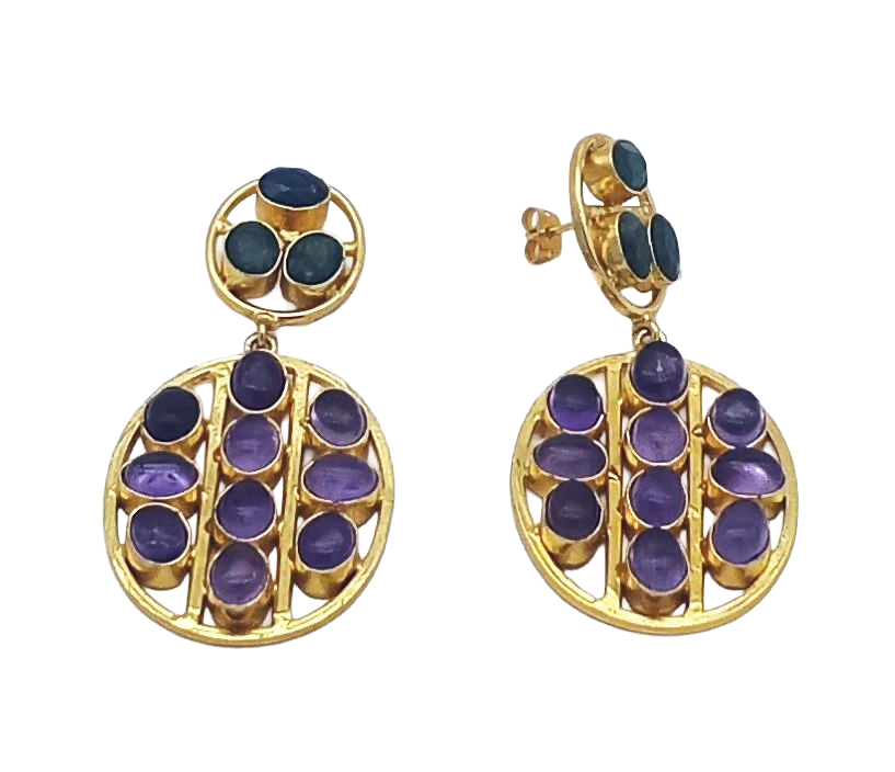 Stunning Gold Plated Amethyst-Green Hathipara Multi Stones Oval Shape Charming Design Dangle Drop Earrings