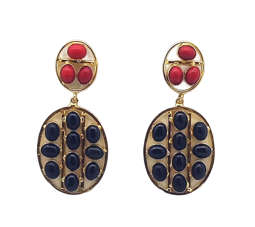 Stunning Gold Plated Black Onyx-Red Glass Multi Stones Oval Shape Charming Design Dangle Drop Earrings