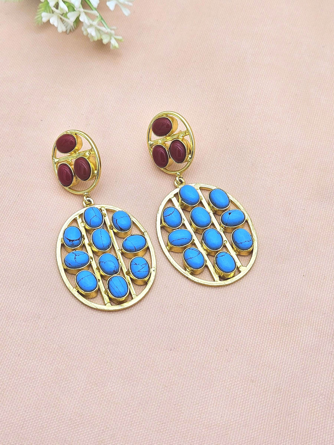 Stunning Gold Plated Blue & Red Glass Multi Stones Oval Shape Charming Design Dangle Drop Earrings