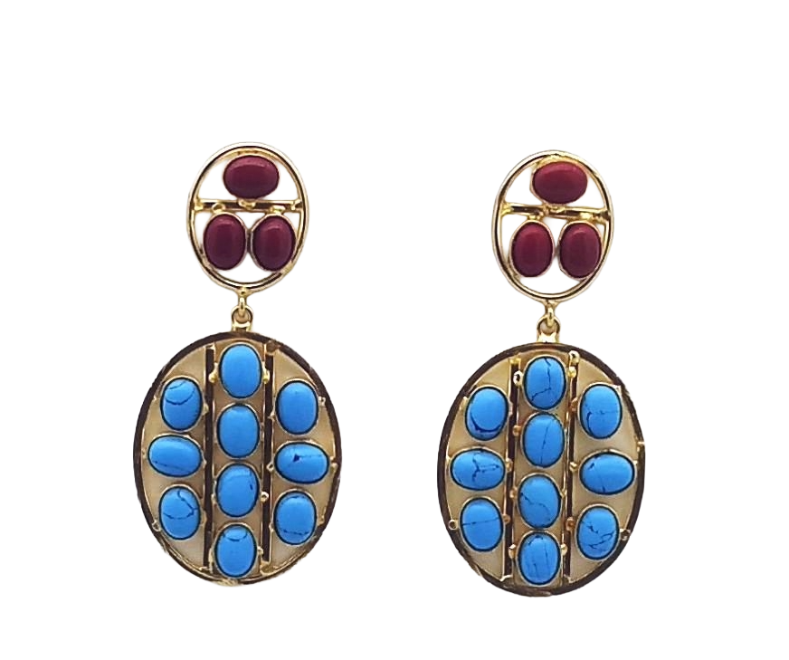 Stunning Gold Plated Blue & Red Glass Multi Stones Oval Shape Charming Design Dangle Drop Earrings