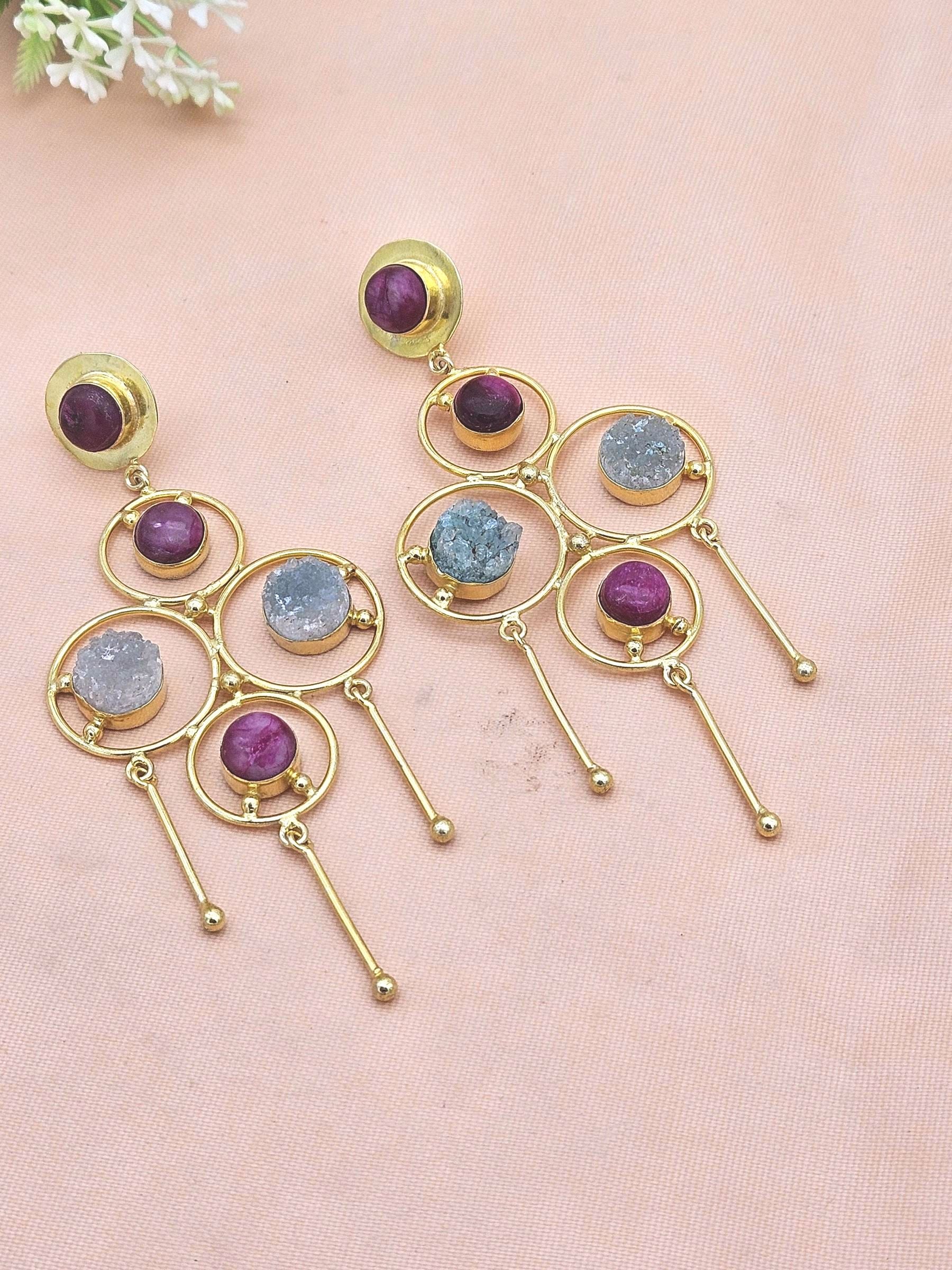 Handcrafted Gold Plated Red Beryl Green Druzy Stones Charming Design Dangle Drop Earrings