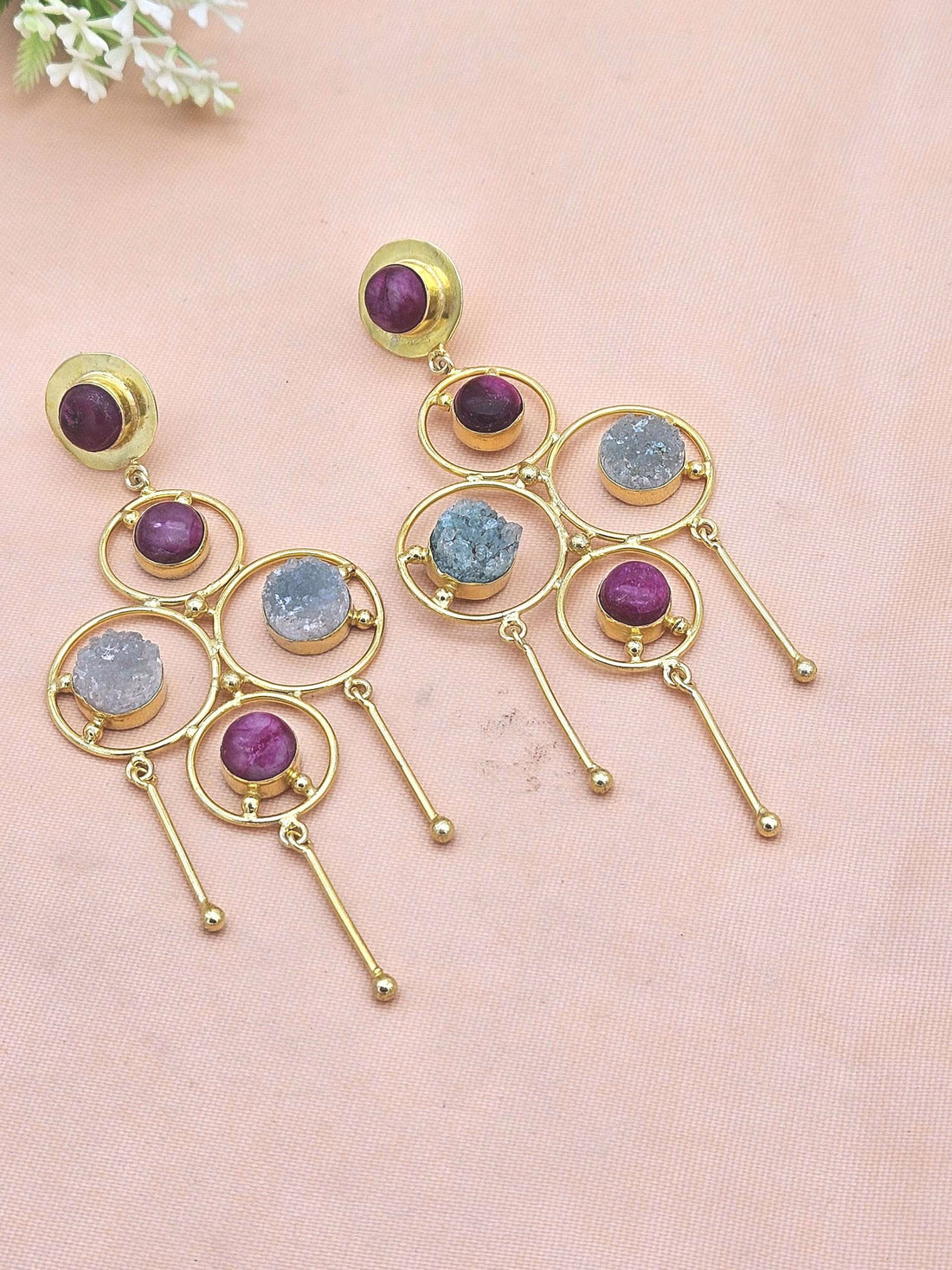 Handcrafted Gold Plated Red Beryl Green Druzy Stones Charming Design Dangle Drop Earrings