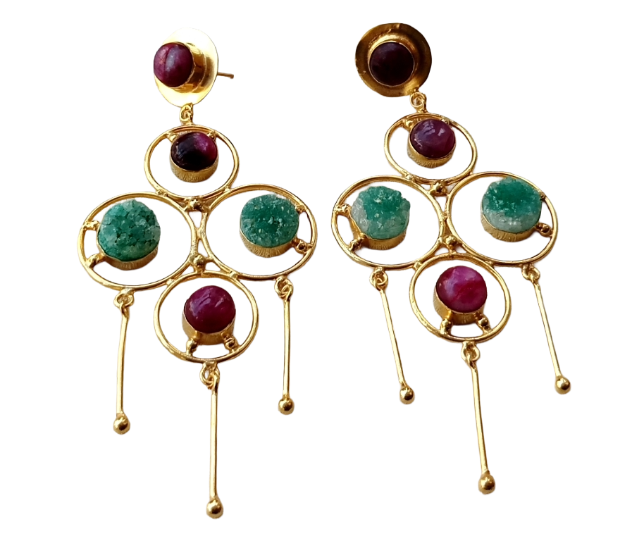 Handcrafted Gold Plated Red Beryl Green Druzy Stones Charming Design Dangle Drop Earrings