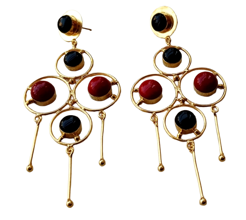Handcrafted Gold Plated Black Onyx-Coral Stones Charming Design Dangle Drop Earrings