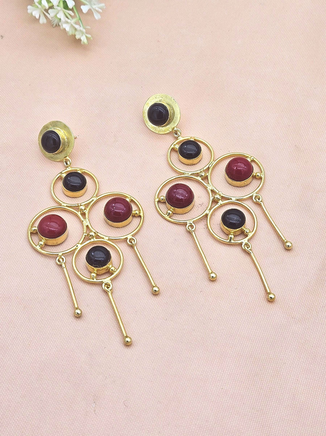 Handcrafted Gold Plated Black Onyx-Coral Stones Charming Design Dangle Drop Earrings