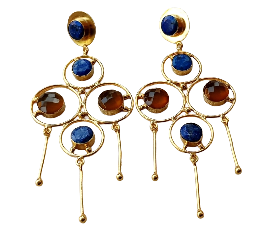 Handcrafted Gold Plated Yellow Chalcedony-Blue Hathipara Stones Charming Design Dangle Drop Earrings