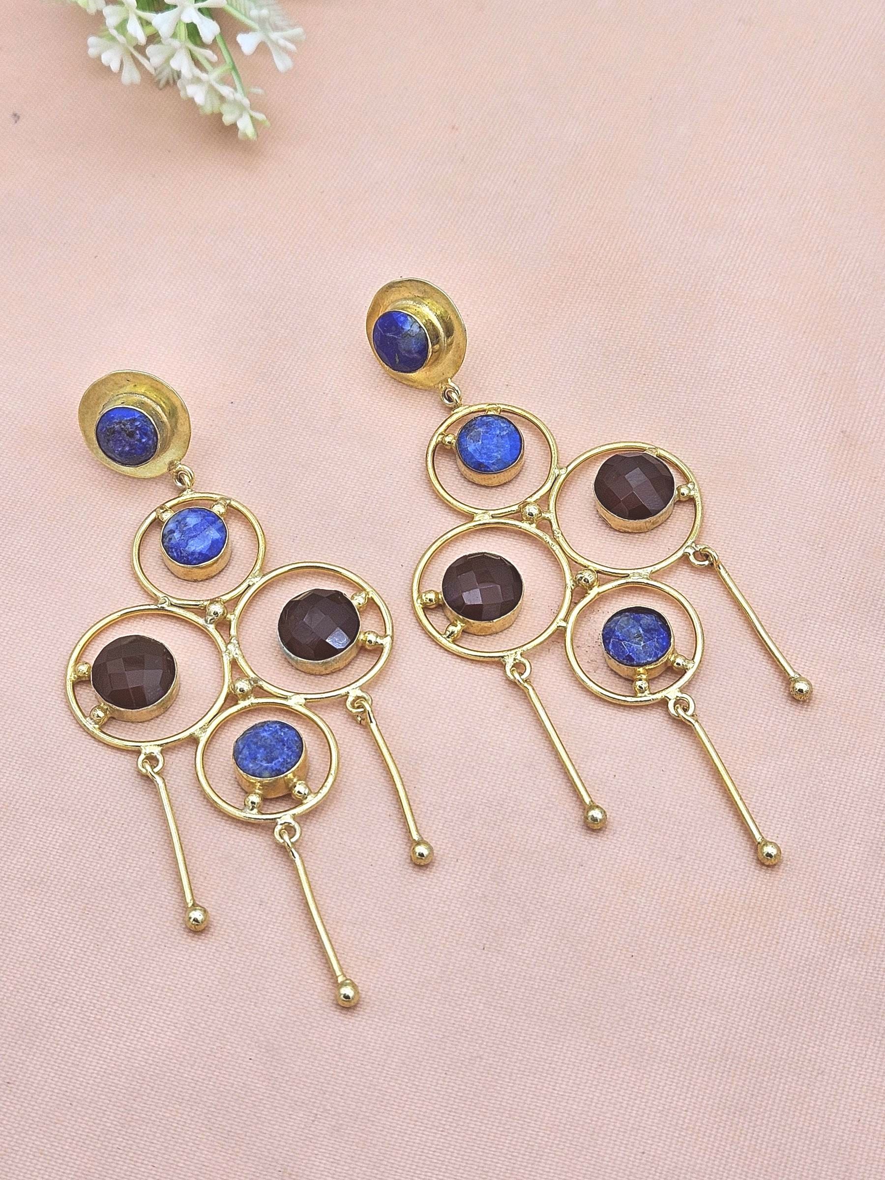 Handcrafted Gold Plated Yellow Chalcedony-Blue Hathipara Stones Charming Design Dangle Drop Earrings