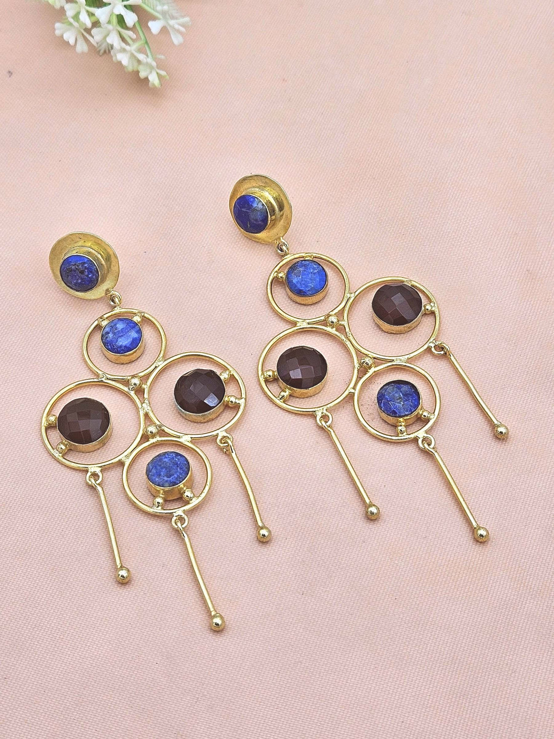 Handcrafted Gold Plated Yellow Chalcedony-Blue Hathipara Stones Charming Design Dangle Drop Earrings