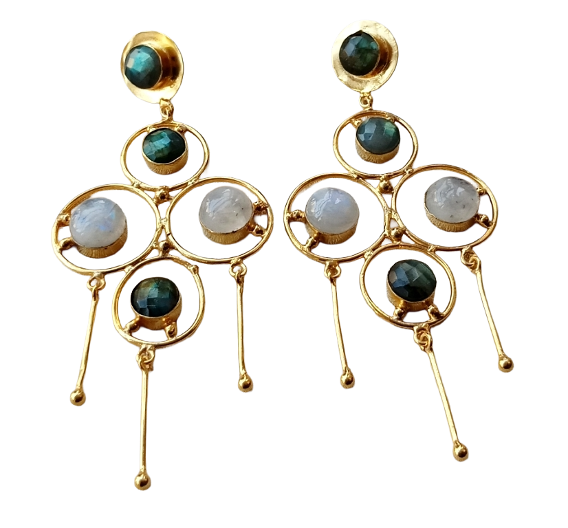 Handcrafted Gold Plated White Rainbow-Labradorite Stones Charming Design Dangle Drop Earrings
