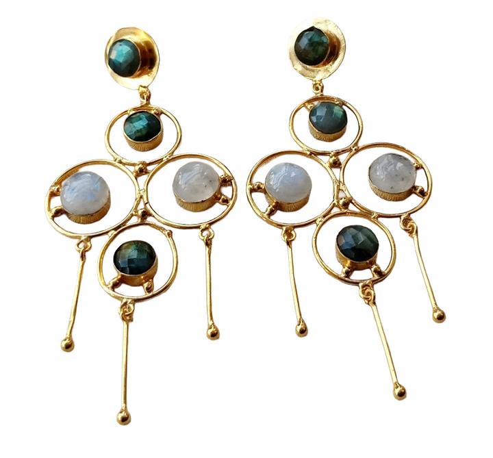 Handcrafted Gold Plated White Rainbow-Labradorite Stones Charming Design Dangle Drop Earrings