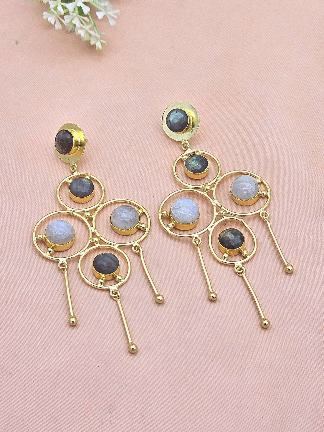 Handcrafted Gold Plated White Rainbow-Labradorite Stones Charming Design Dangle Drop Earrings