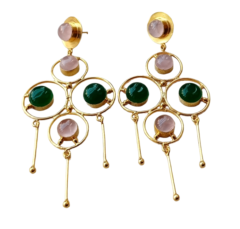 Handcrafted Gold Plated Rose Quartz Green Onyx Stones Charming Design Dangle Drop Earrings