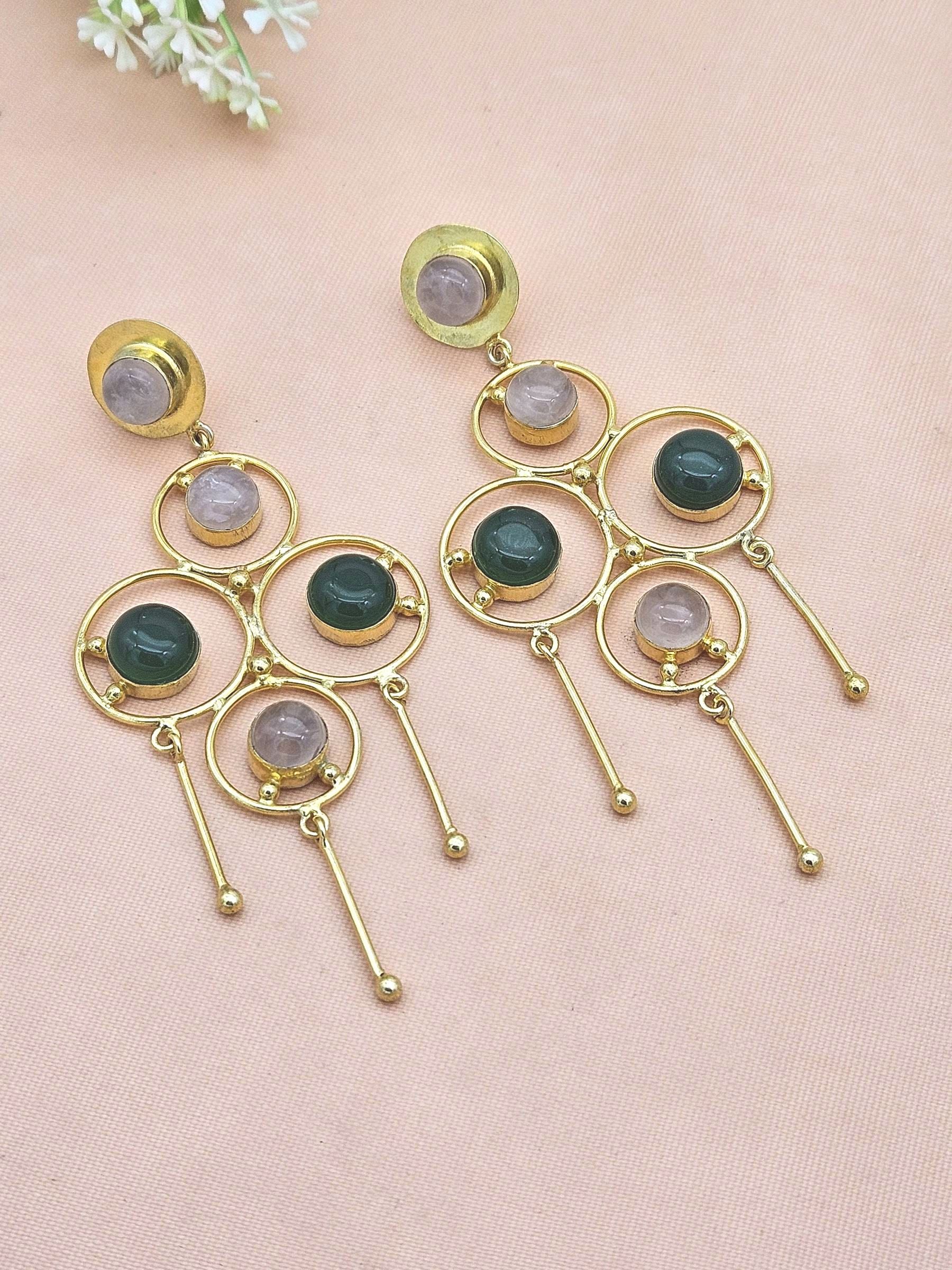 Handcrafted Gold Plated Rose Quartz Green Onyx Stones Charming Design Dangle Drop Earrings