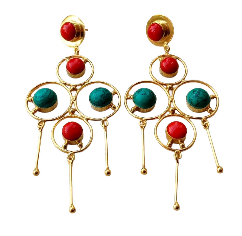 Handcrafted Gold Plated Turquoise-Red Glass Stones Charming Design Dangle Drop Earrings