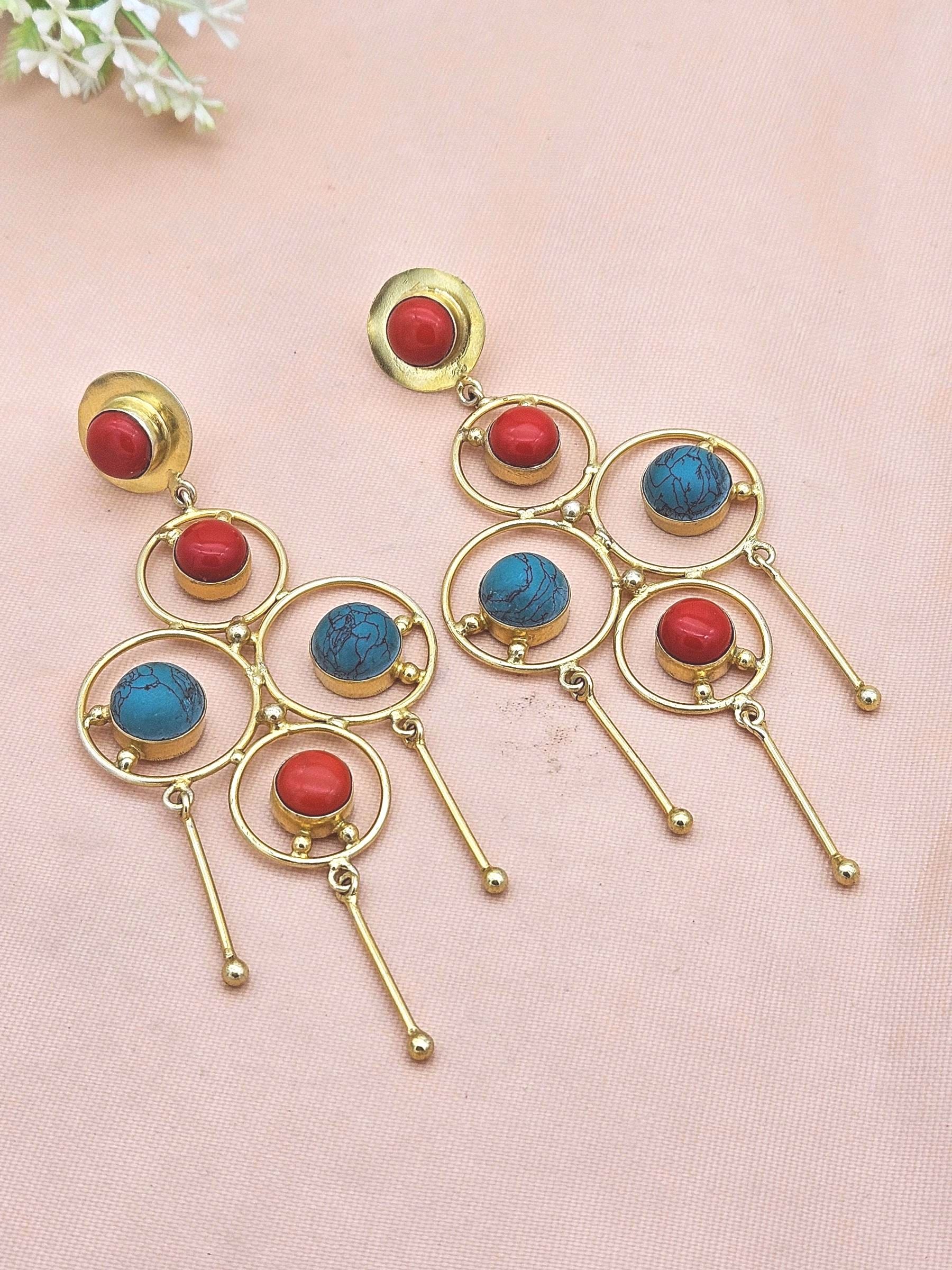 Handcrafted Gold Plated Turquoise-Red Glass Stones Charming Design Dangle Drop Earrings