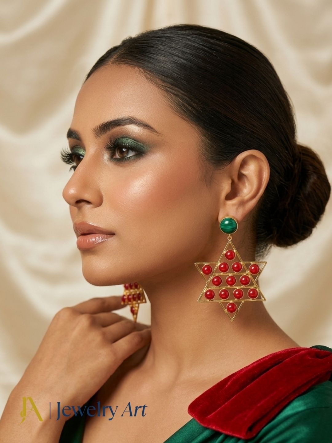 Woman wearing gold plated Malachite Red Glass astronomical star dangle earrings
