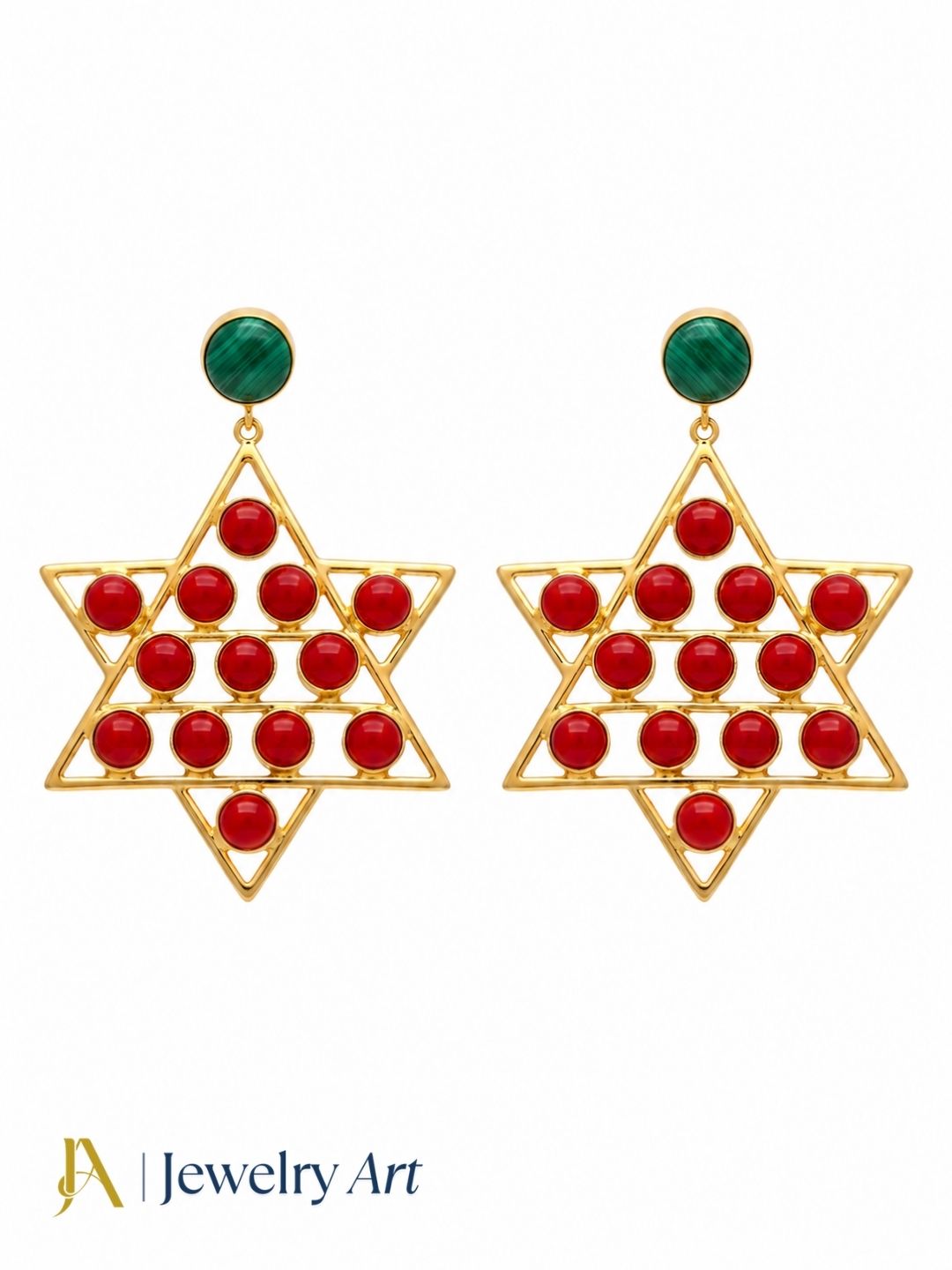 Amazing gold plated Malachite Red Glass astronomical star earrings on white background
