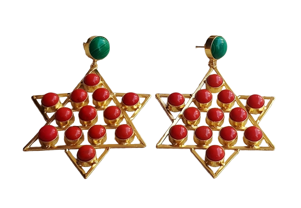 Amazing Gold Plated Malachite-Red Glass Astronomical Star Designer Party Wear Dangle Drop Earrings