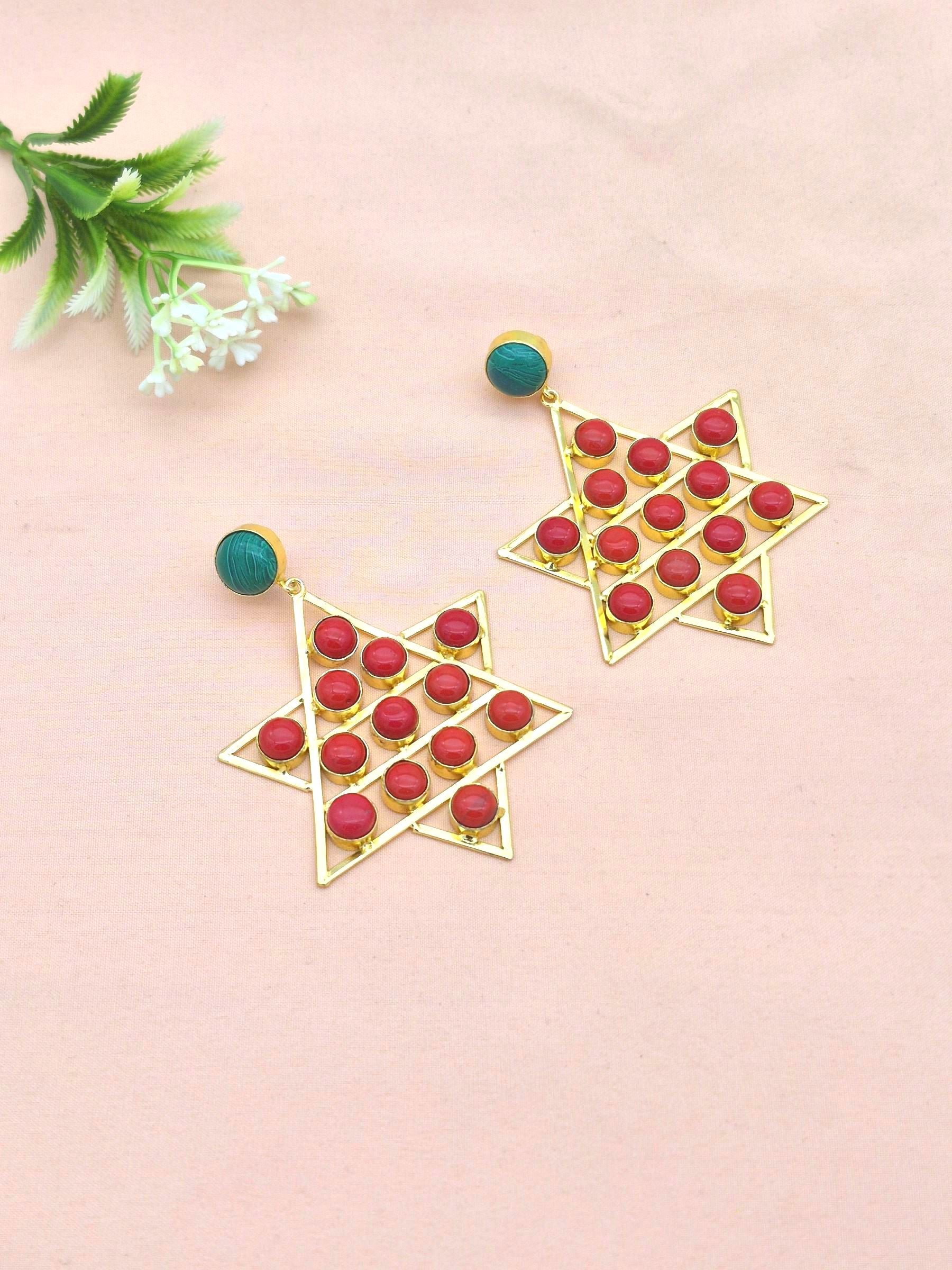 Amazing Gold Plated Malachite-Red Glass Astronomical Star Designer Party Wear Dangle Drop Earrings
