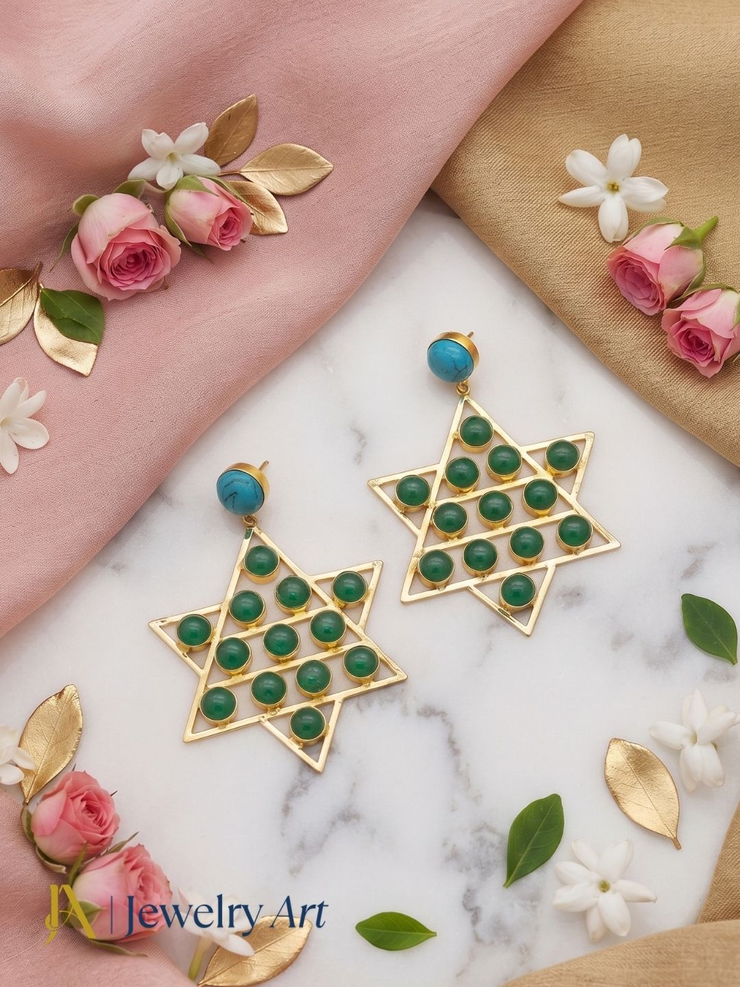 Premium Synthetic Turquoise Green Glass earrings in decorative product photography
