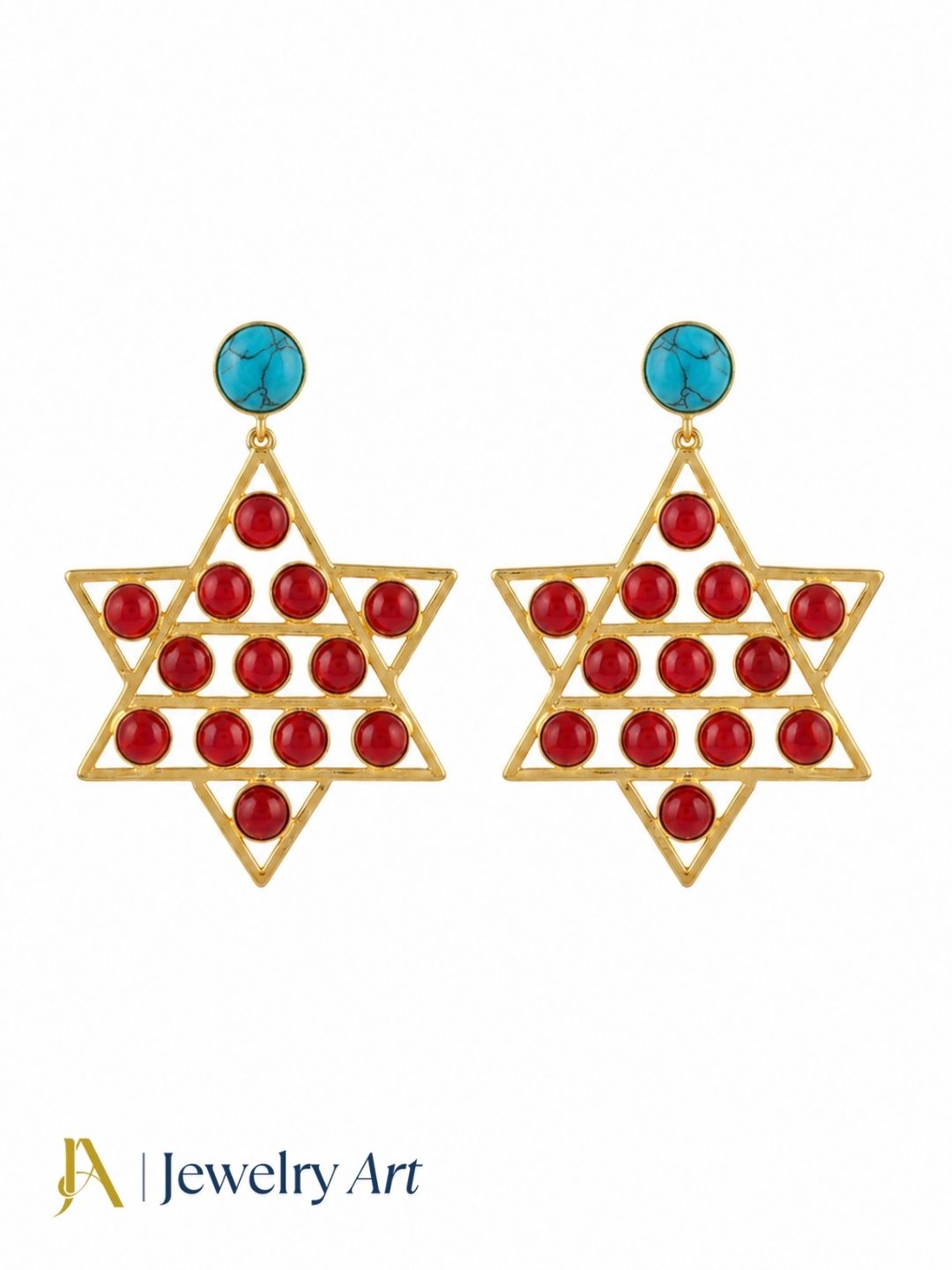Handcrafted gold plated Synthetic Turquoise and Red Glass drop earrings for women
