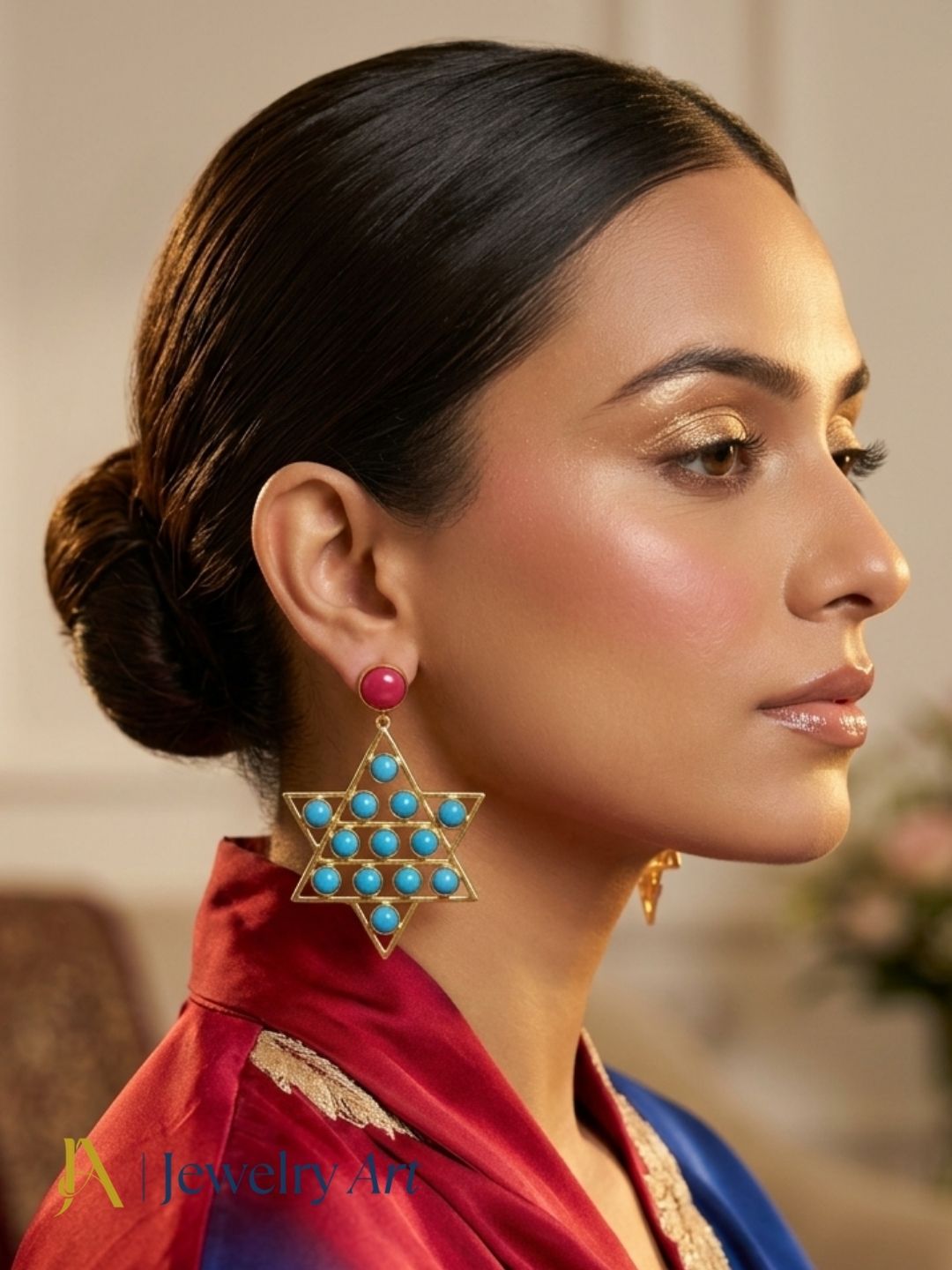 Close-up of model wearing Red Blue Glass celestial star earrings
