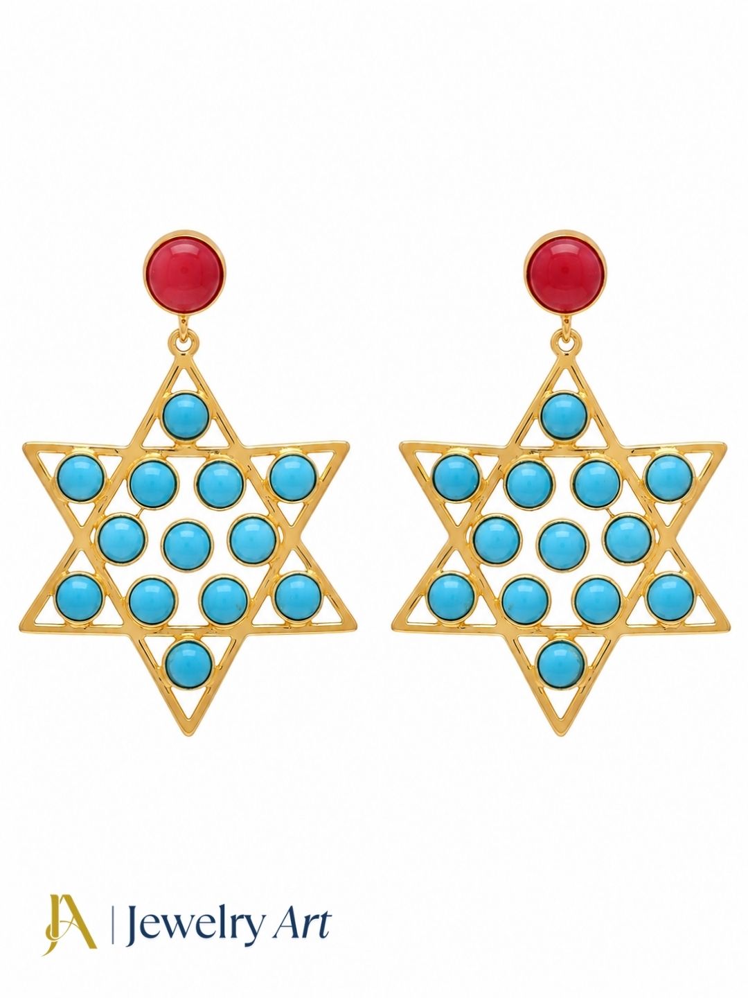 Handcrafted gold plated Red and Blue Glass stone star dangle earrings for women
