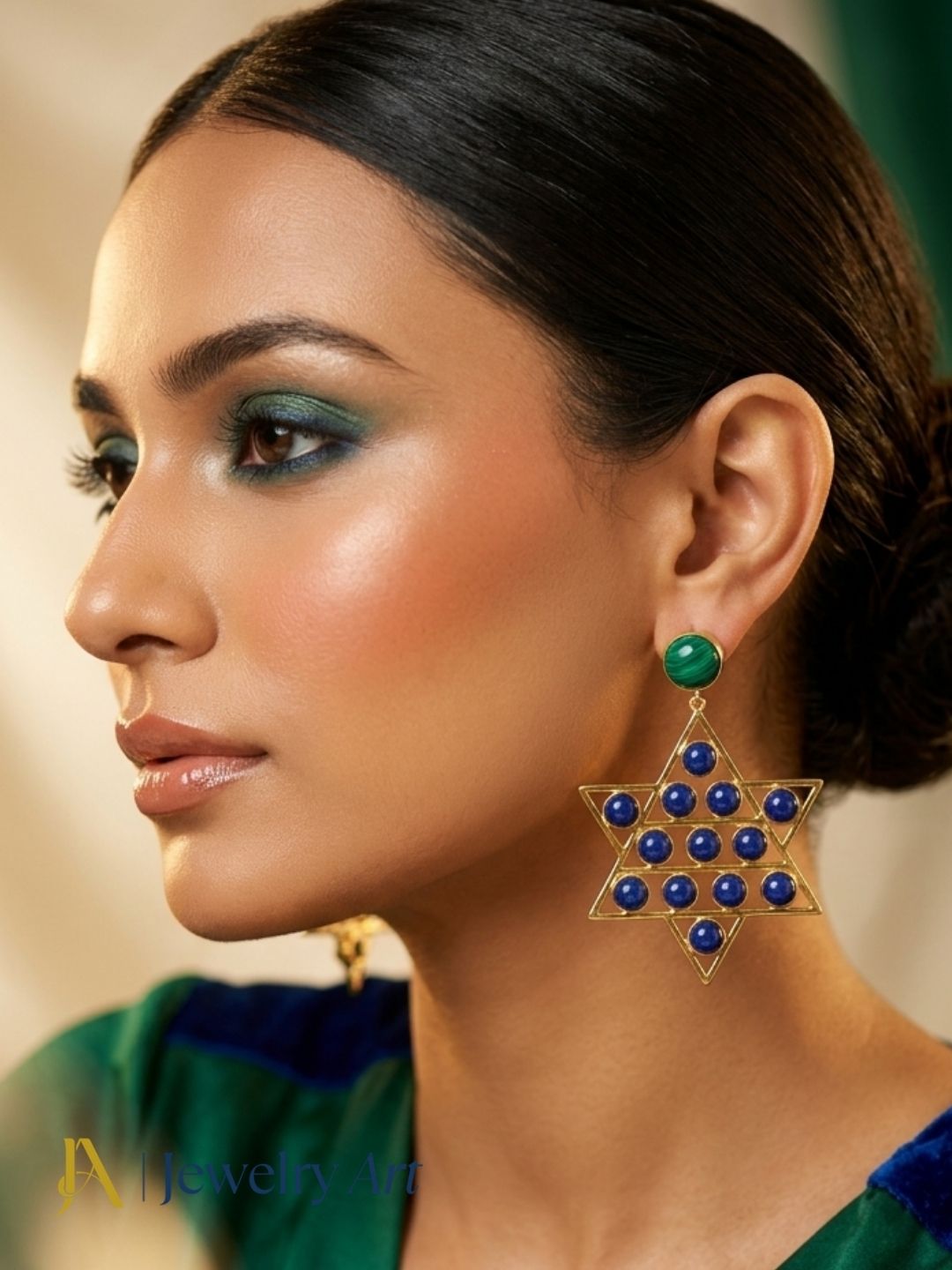 Fashion model wearing handcrafted Malachite and Blue Glass drop earrings
