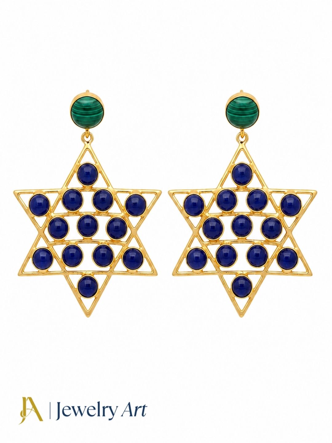 Handcrafted gold plated Malachite and Blue Glass drop earrings for women
