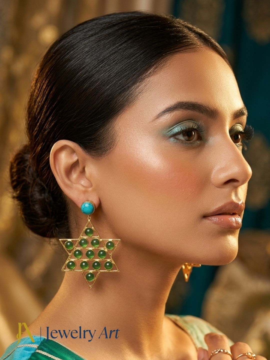 Woman wearing handcrafted gold plated Turquoise and Green Onyx semi-precious gemstone lightweight dangle earrings.
