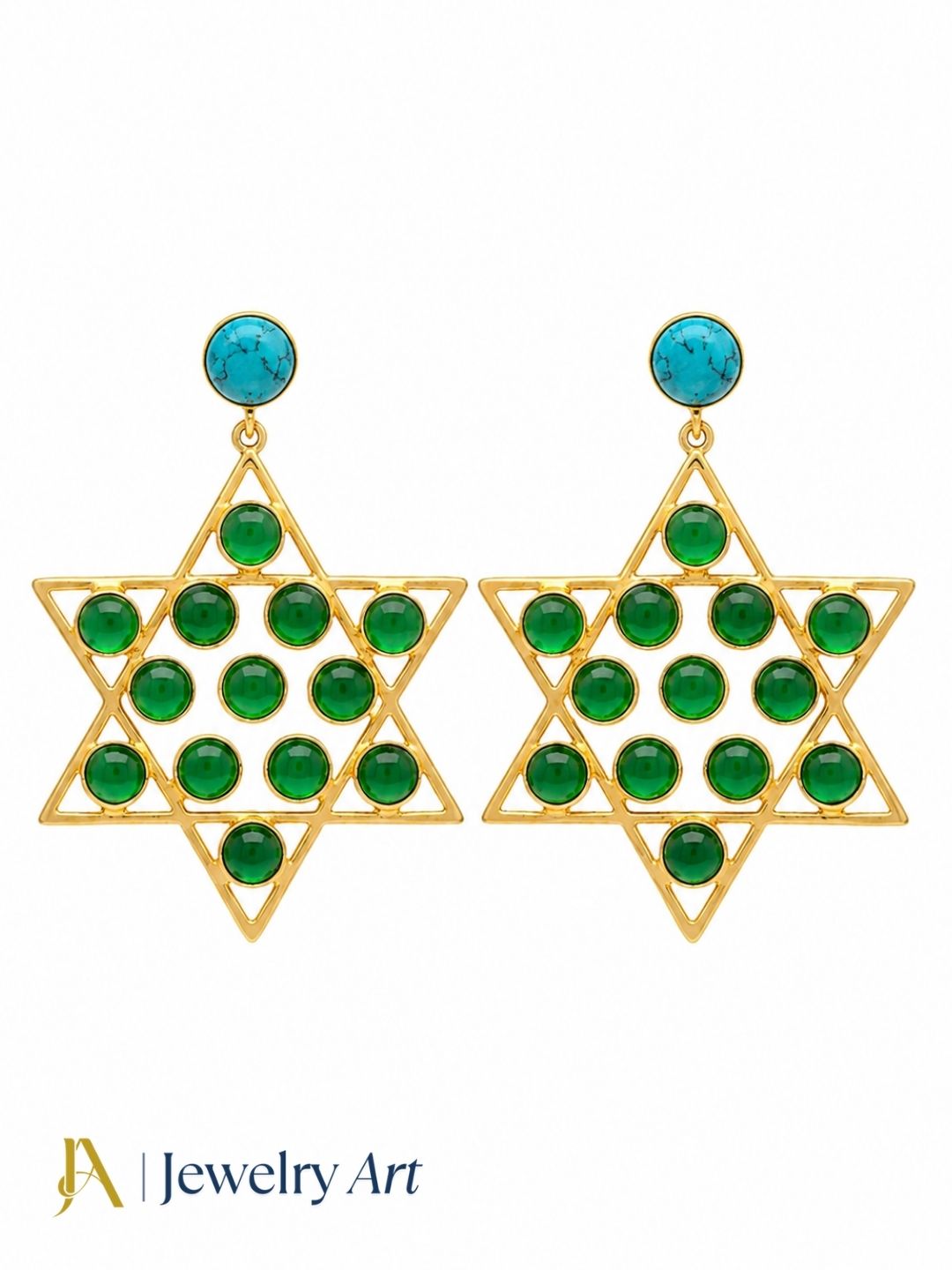 Handcrafted gold plated Turquoise and Green Onyx semi-precious gemstone lightweight dangle earrings isolated on pure white background.
