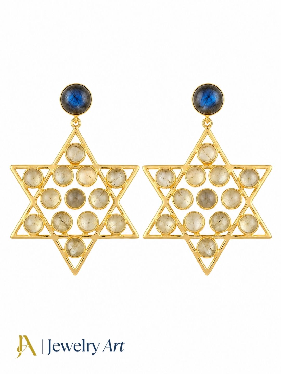 Designer gold plated Labradorite Lemon Quartz earrings isolated on white background
