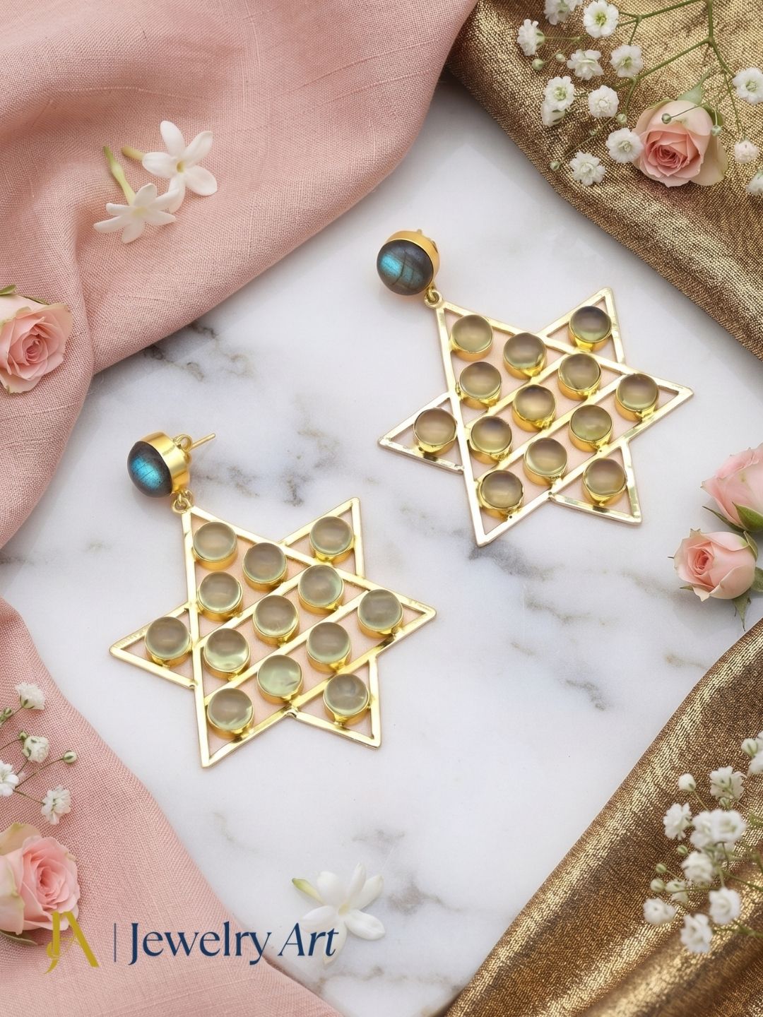 Luxury jewelry photography featuring gold plated Labradorite Lemon Quartz earrings
