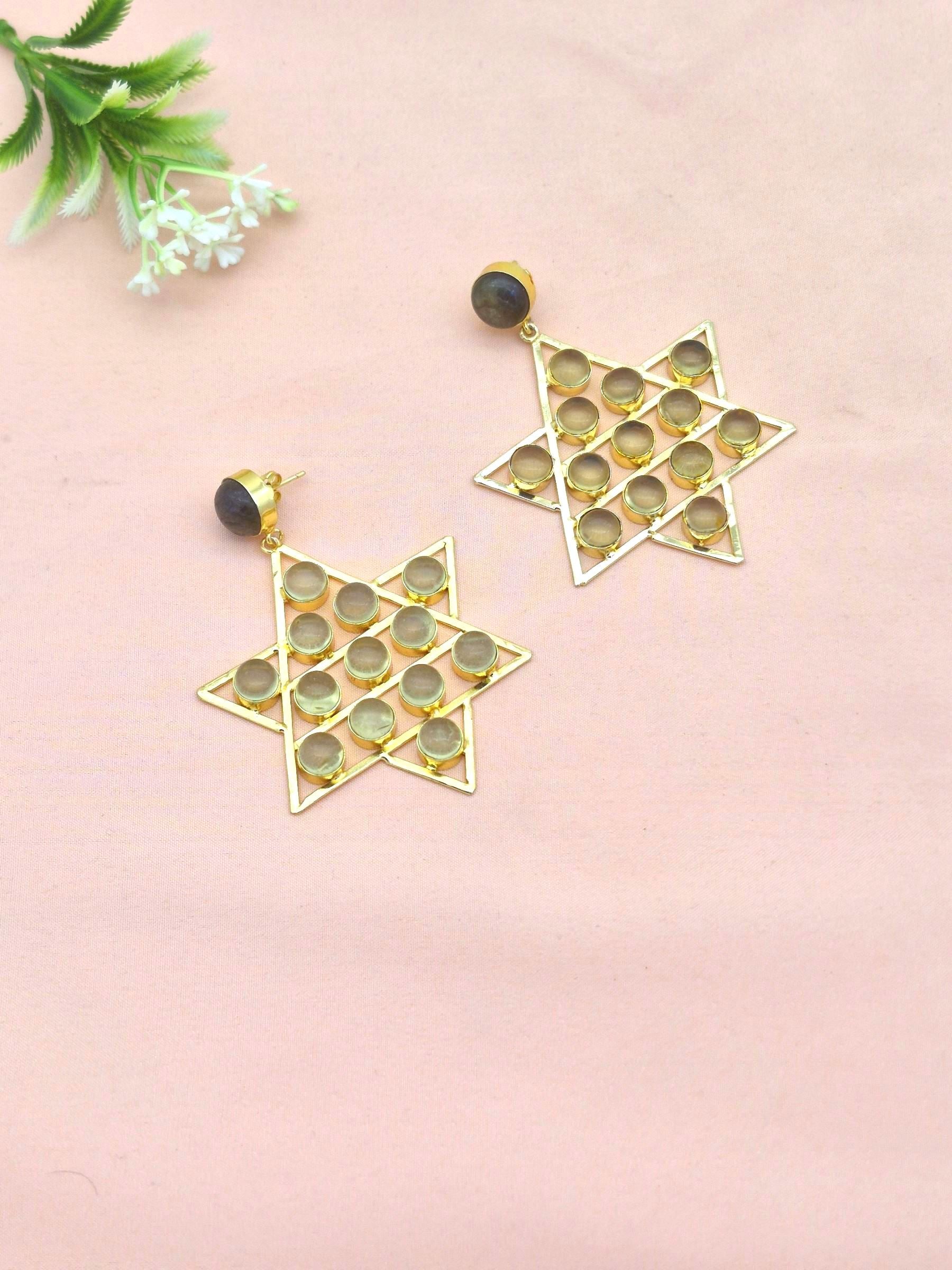 Amazing Gold Plated Semi Precious /  Imitation Stones Astronomical Star Designer Party Wear Dangle Drop Earrings