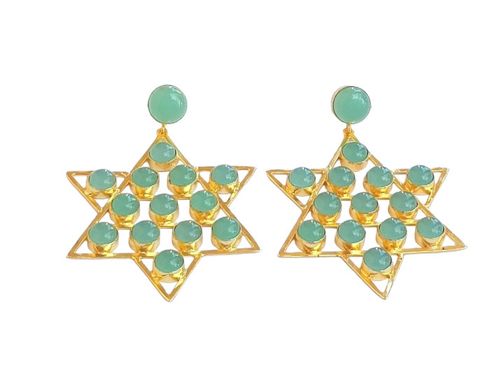 Amazing Gold Plated Semi Precious Stones Astronomical Star Designer Party Wear Dangle Drop Earrings