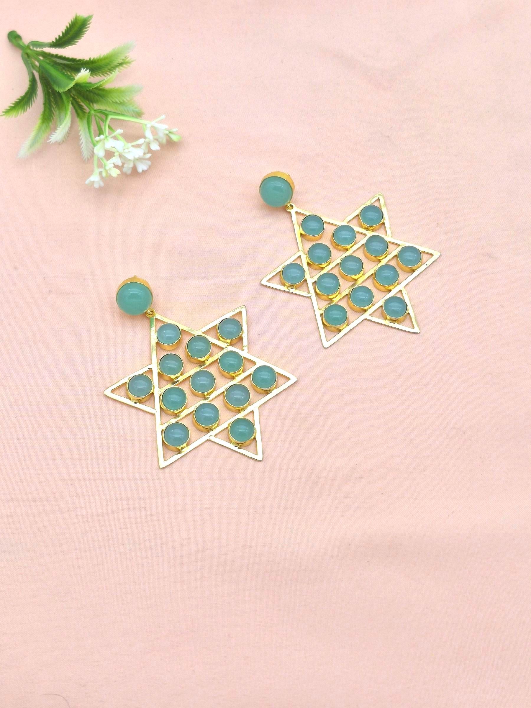 Amazing Gold Plated Semi Precious Stones Astronomical Star Designer Party Wear Dangle Drop Earrings